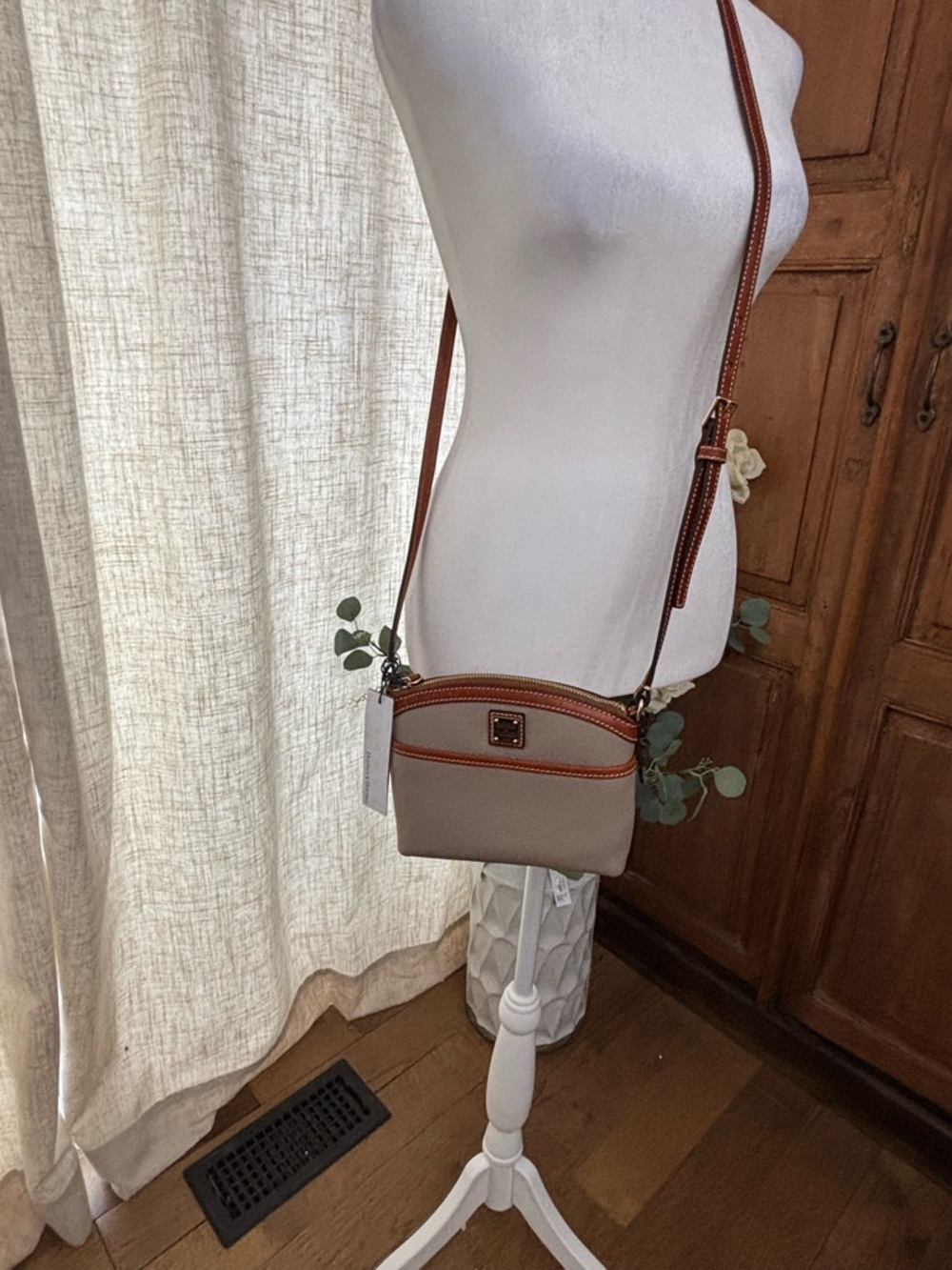 Dooney & Bourke Taupe Crossbody with Brown Trim and Adjustable Strap